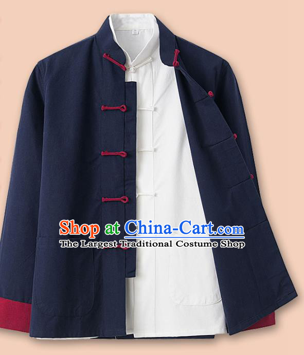 Chinese National Tang Suit Navy Linen Jacket and Shirt Traditional Martial Arts Costumes for Men