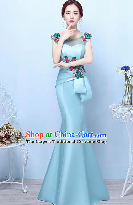 Top Compere Catwalks Light Blue Satin Full Dress Evening Party Compere Costume for Women