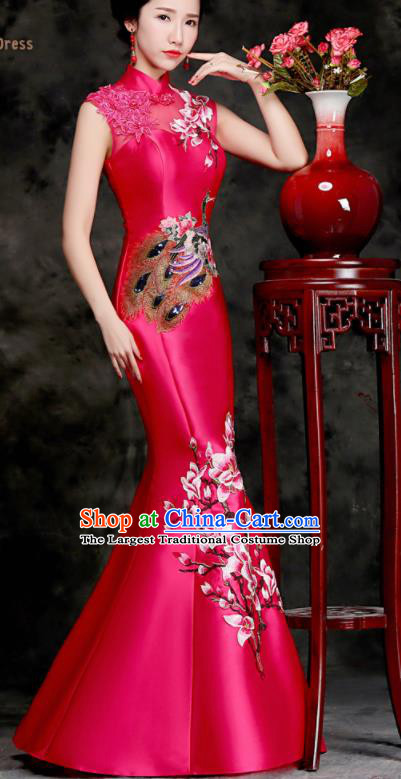 Chinese Traditional Embroidered Peacock Mangnolia Rosy Qipao Dress Compere Cheongsam Costume for Women