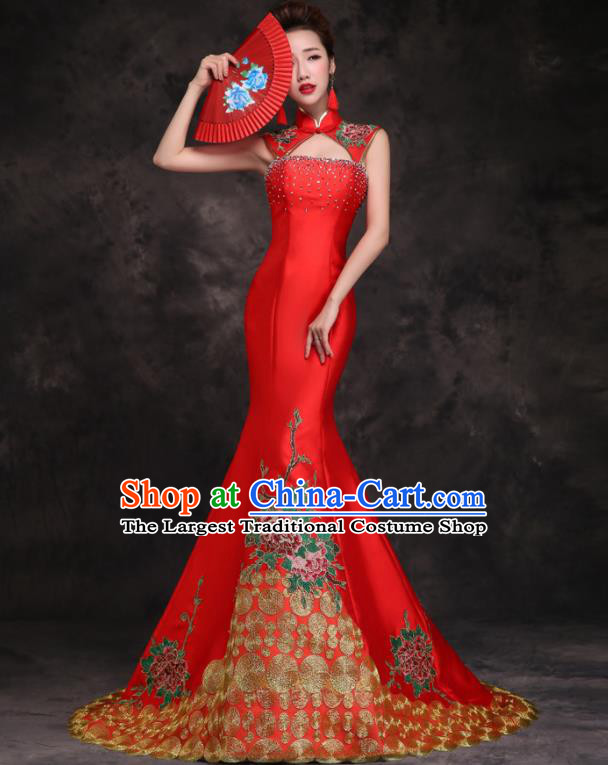 Chinese Traditional Embroidered Peony Diamante Red Qipao Dress Compere Cheongsam Costume for Women