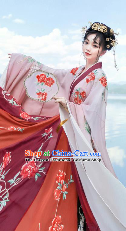 Chinese Jin Dynasty Court Princess Wine Red Embroidered Dress Traditional Ancient Flowers Goddess Costumes for Women