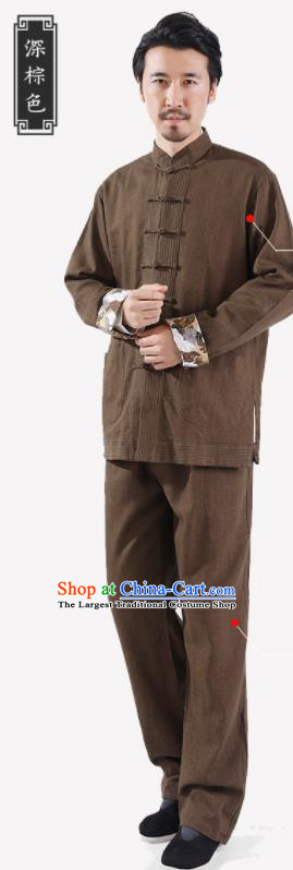 Chinese National Brown Flax Jacket and Pants Traditional Tang Suit Martial Arts Costumes Complete Set for Men