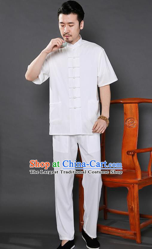 Chinese National White Shirt and Pants Traditional Tang Suit Martial Arts Costumes Complete Set for Men