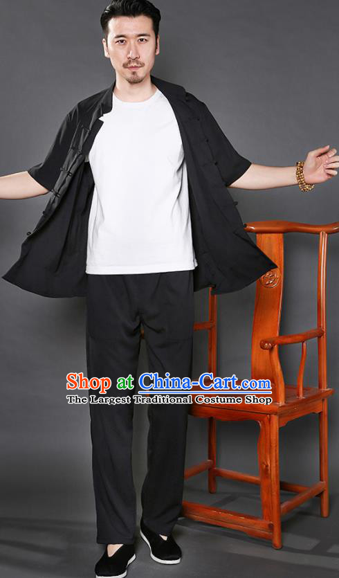 Chinese National Black Shirt and Pants Traditional Tang Suit Martial Arts Costumes Complete Set for Men