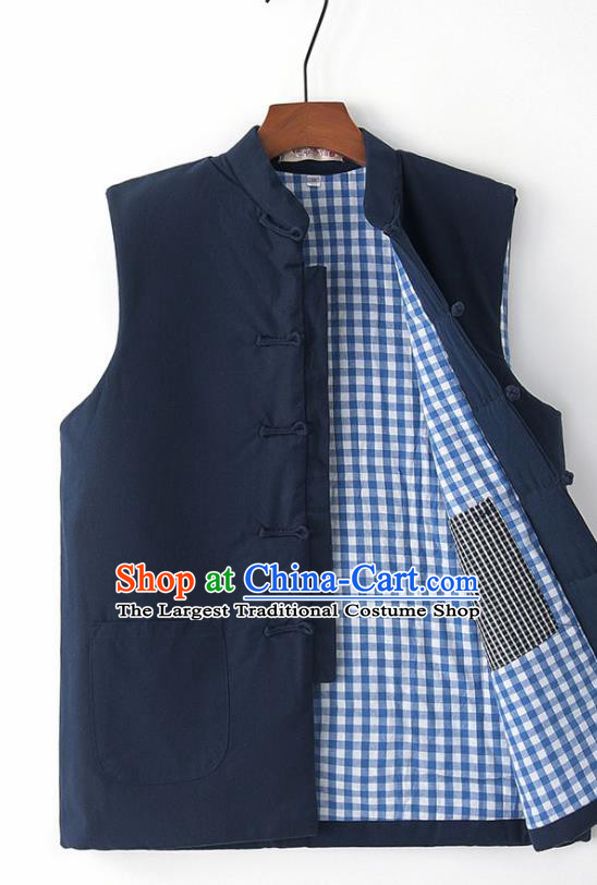 Chinese National Tang Suit Navy Vest Traditional Martial Arts Waistcoat Costumes for Men