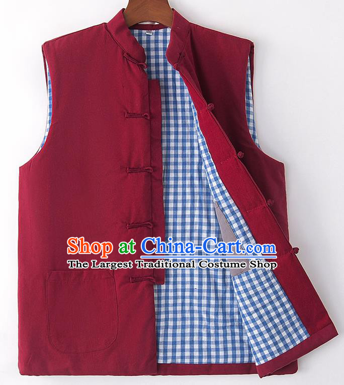 Chinese National Tang Suit Wine Red Vest Traditional Martial Arts Waistcoat Costumes for Men