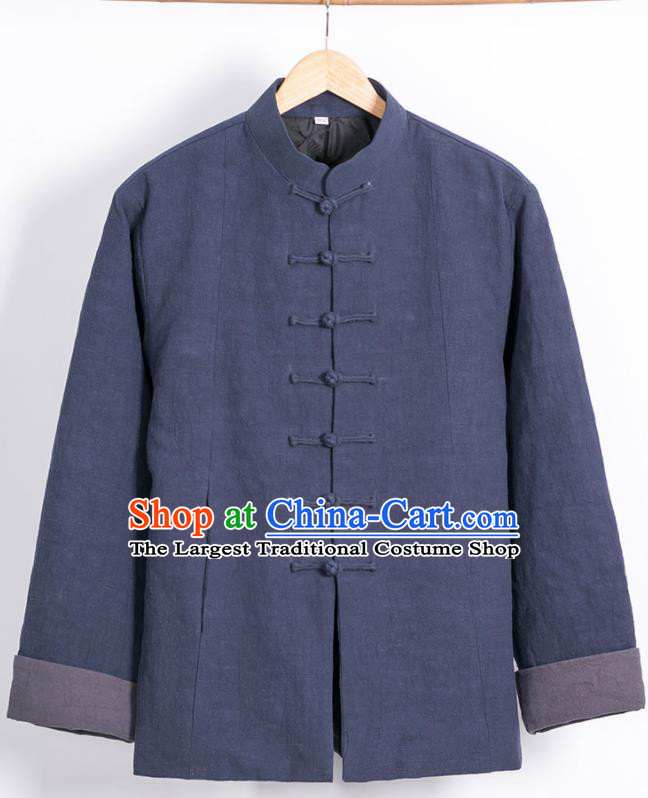 Chinese National Tang Suit Navy Cotton Wadded Jacket Traditional Martial Arts Overcoat Costumes for Men