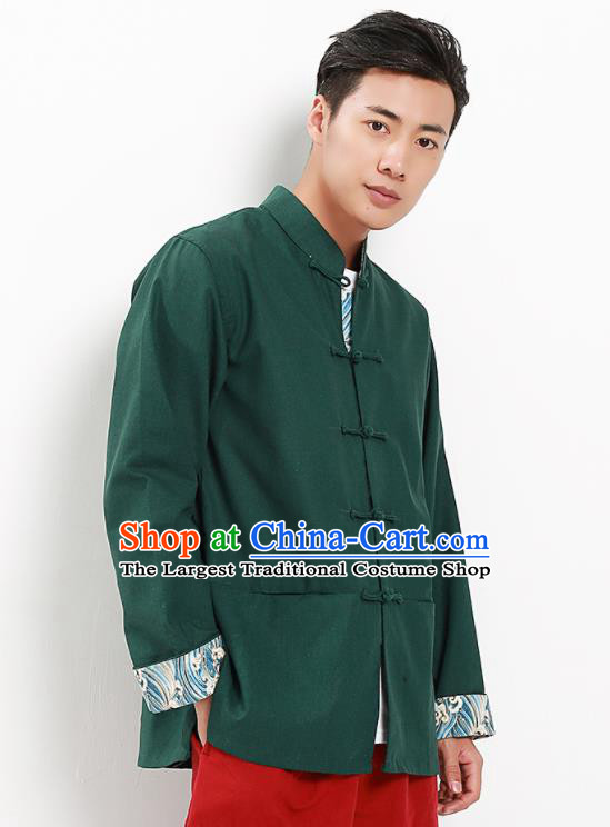 Chinese National Tang Suit Deep Green Flax Shirt Traditional Martial Arts Upper Outer Garment Costumes for Men