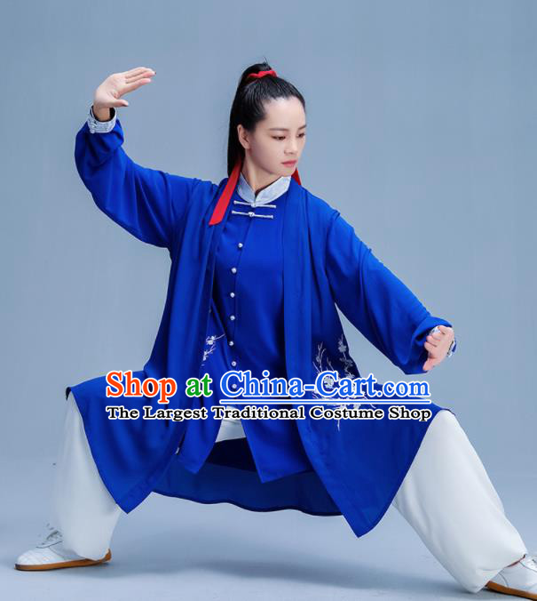 Chinese Traditional Kung Fu Printing Plum Royalblue Garment Outfits Martial Arts Stage Show Costumes for Women