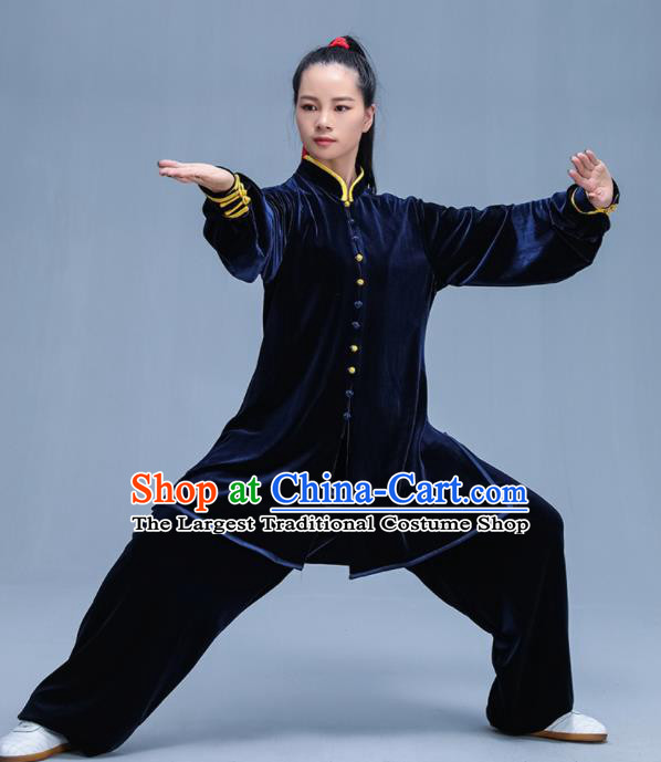 Chinese Traditional Kung Fu Navy Velvet Garment Outfits Martial Arts Stage Show Costumes for Women