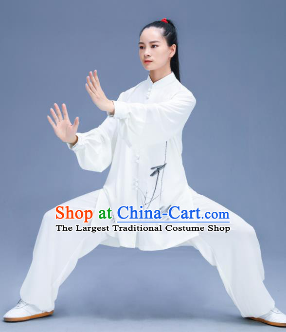 Chinese Traditional Kung Fu Ink Painting Lotus White Garment Outfits Martial Arts Stage Show Costumes for Women