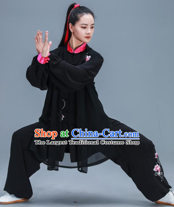 Chinese Traditional Kung Fu Tai Chi Training Embroidered Peony Black Garment Outfits Martial Arts Stage Show Costumes for Women