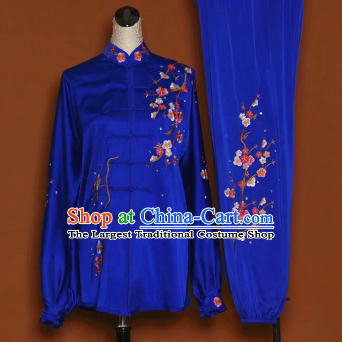 Chinese Tai Chi Embroidered Plum Royalblue Garment Outfits Traditional Kung Fu Martial Arts Training Costumes for Women