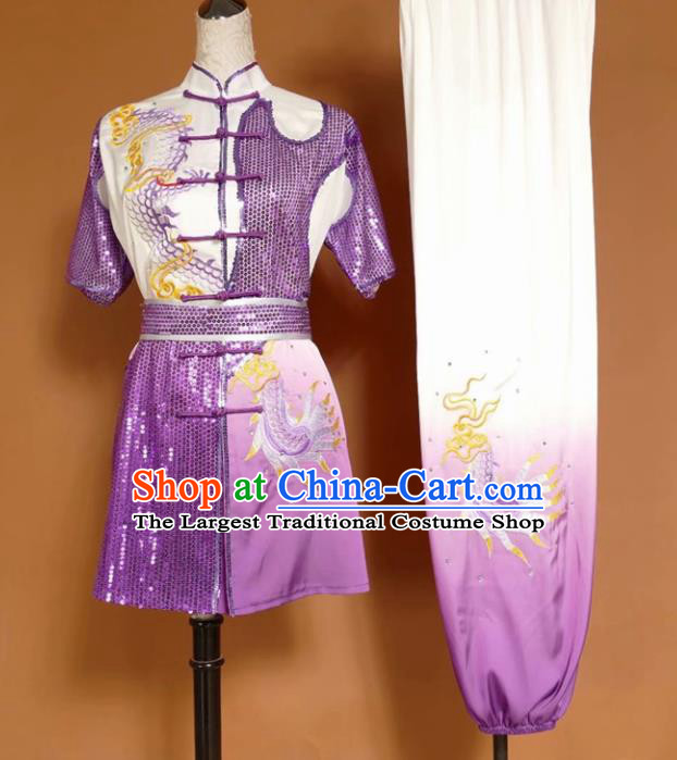 Chinese Tai Chi Changquan Purple Garment Outfits Traditional Kung Fu Martial Arts Training Costumes for Adult