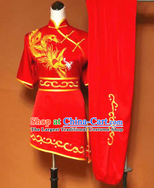 Chinese Tai Chi Embroidered Phoenix Red Garment Outfits Traditional Kung Fu Martial Arts Training Costumes for Women