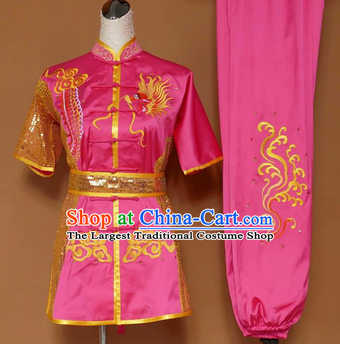 Chinese Tai Chi Changquan Embroidered Dragon Rosy Garment Outfits Traditional Kung Fu Martial Arts Costumes for Adult