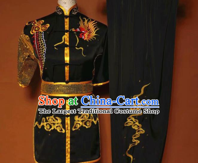 Chinese Tai Chi Changquan Embroidered Dragon Black Garment Outfits Traditional Kung Fu Martial Arts Costumes for Adult