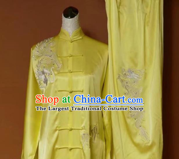 Chinese Tai Chi Changquan Embroidered Dragon Yellow Garment Outfits Traditional Kung Fu Martial Arts Costumes for Adult