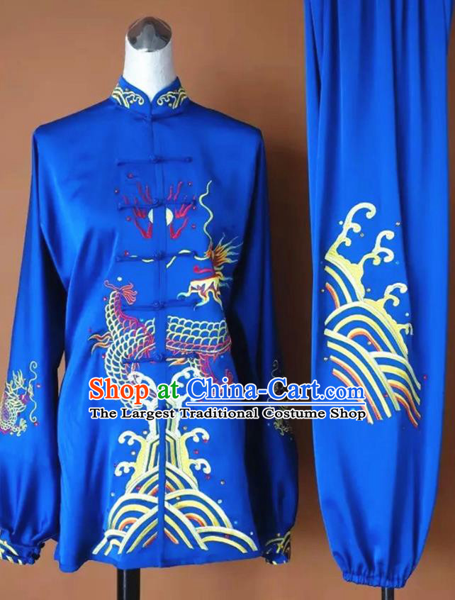 Chinese Martial Arts Changquan Embroidered Royalblue Silk Garment Outfits Traditional Tai Chi Kung Fu Costumes for Adult