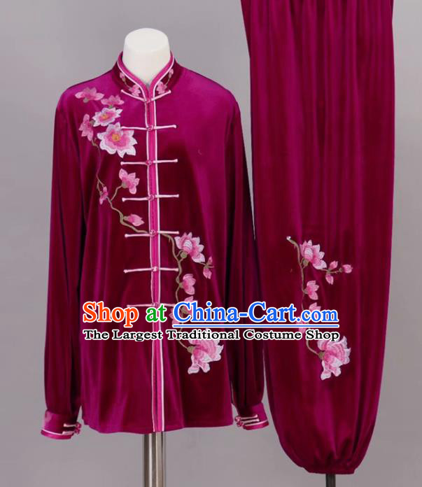 Chinese Tai Chi Embroidered Magnolia Rosy Velvet Garment Outfits Traditional Kung Fu Martial Arts Training Costumes for Adult