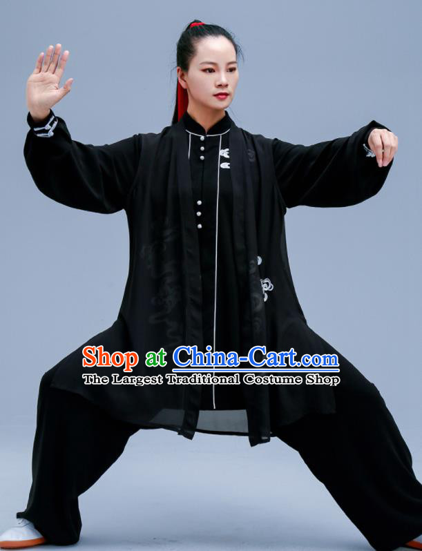 Chinese Traditional Kung Fu Black Chiffon Outfit Martial Arts Competition Costumes for Women