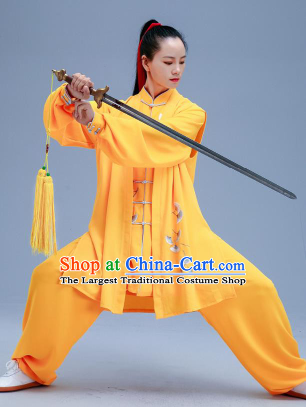 Chinese Traditional Kung Fu Embroidered Ginkgo Leaf Yellow Outfits Martial Arts Competition Costumes for Women