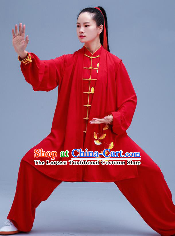 Chinese Traditional Kung Fu Embroidered Ginkgo Leaf Red Outfits Martial Arts Competition Costumes for Women