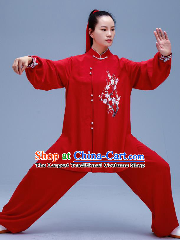 Chinese Traditional Kung Fu Embroidered Plum Blossom Red Outfits Martial Arts Competition Costumes for Women