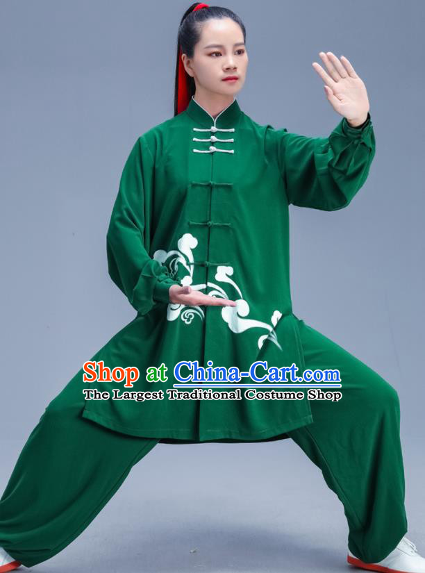 Chinese Traditional Kung Fu Competition Printing Green Outfits Martial Arts Stage Show Costumes for Women