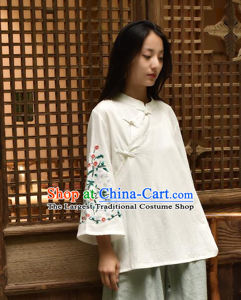 Chinese Tai Chi Embroidered White Flax Blouse Traditional Tang Suit Costume for Women