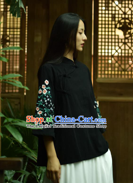 Chinese Tai Chi Embroidered Black Flax Blouse Traditional Tang Suit Costume for Women