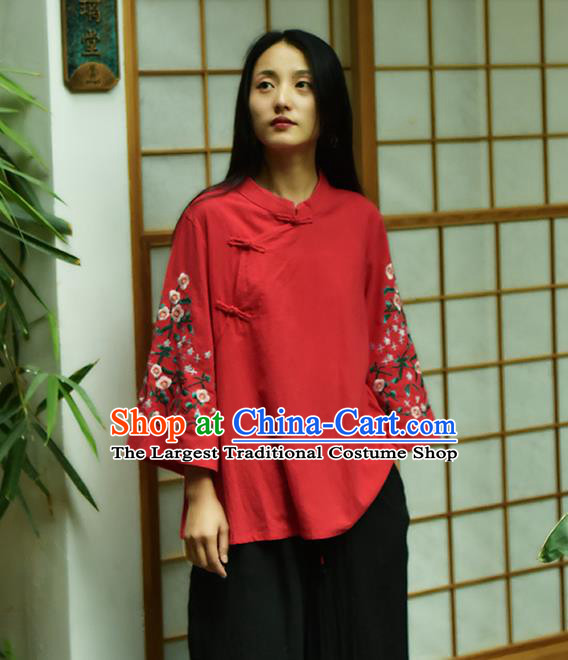 Chinese Tai Chi Embroidered Red Flax Blouse Traditional Tang Suit Costume for Women