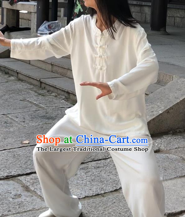 Chinese Martial Arts White Flax Garment Outfits Traditional Tai Chi Kung Fu Costumes for Adult