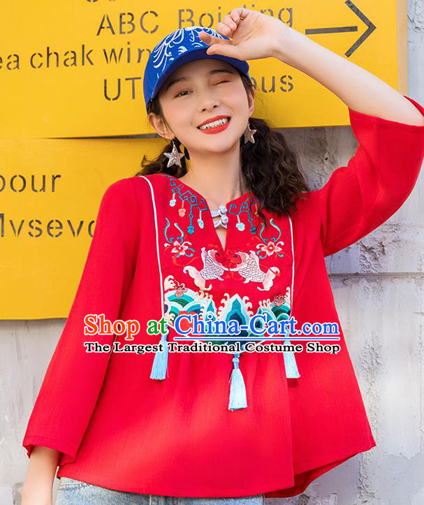 Chinese Embroidered Carps Red Shirt Upper Outer Garment Traditional Tang Suit Costume for Women