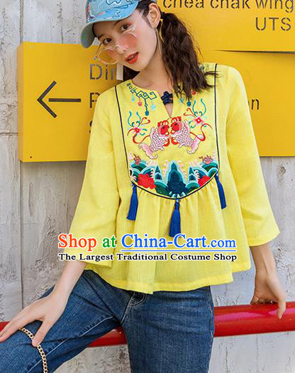 Chinese Embroidered Carps Yellow Shirt Upper Outer Garment Traditional Tang Suit Costume for Women