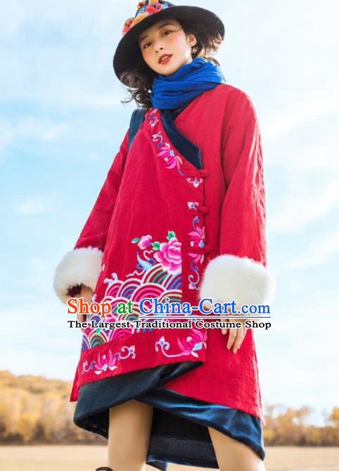 Chinese Traditional Embroidered Peony Red Cotton Padded Coat National Overcoat Costumes for Women