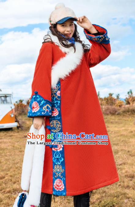 Chinese Traditional Embroidered Red Woolen Dust Coat National Overcoat Costumes for Women