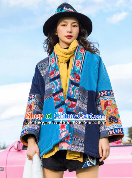 Chinese Traditional Embroidered Blue Cotton Padded Jacket National Overcoat Costumes for Women