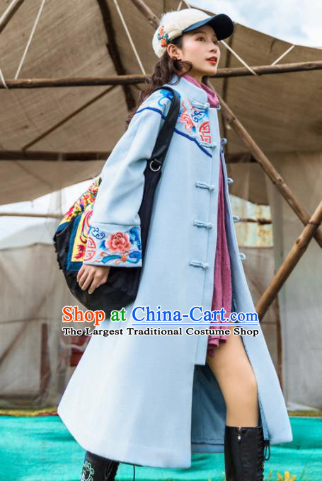 Chinese Traditional Embroidered Peony Blue Woolen Dust Coat National Overcoat Costumes for Women