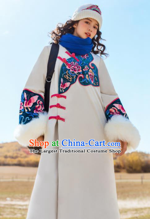 Chinese Traditional Embroidered Peony White Woolen Dust Coat National Overcoat Costumes for Women