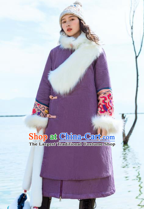 Chinese Traditional Embroidered Purple Corduroy Dust Coat National Overcoat Costumes for Women