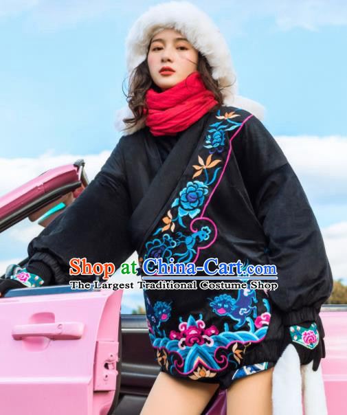 Chinese Traditional Embroidered Black Cotton Padded Jacket National Overcoat Costumes for Women