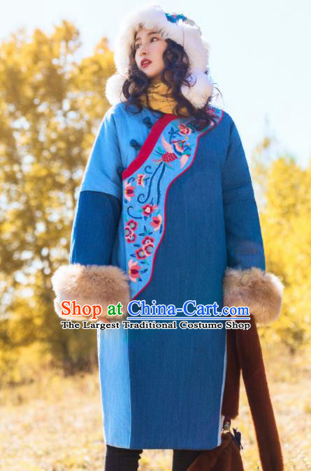 Chinese Traditional Embroidered Blue Corduroy Cotton Padded Coat National Overcoat Costumes for Women