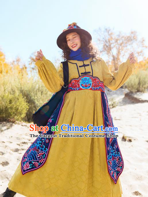 Chinese Traditional Embroidered Dragon Yellow Dress National Tang Suit Costumes for Women