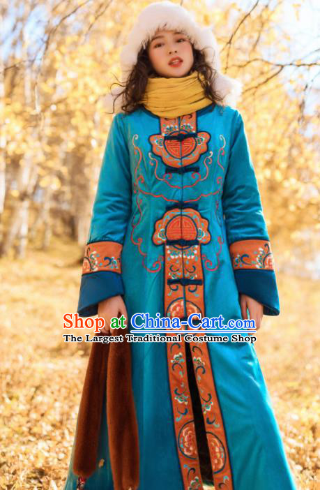 Chinese Traditional Winter Embroidered Blue Velvet Dust Coat National Tang Suit Overcoat Costumes for Women