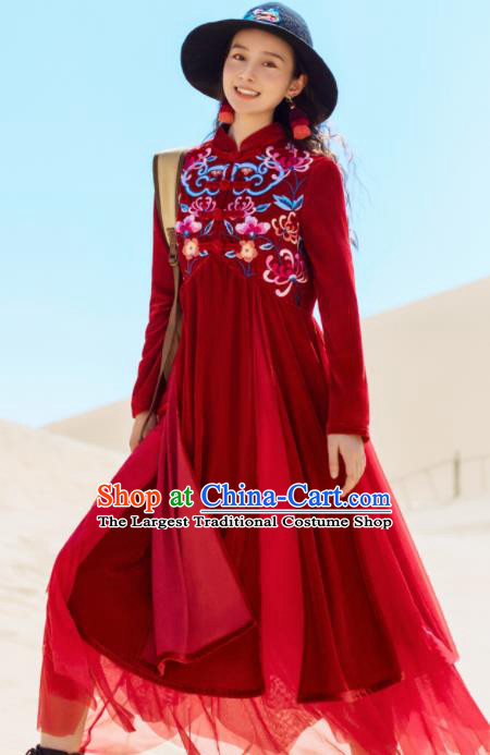 Chinese Traditional Embroidered Wine Red Qipao Dress National Tang Suit Costumes for Women