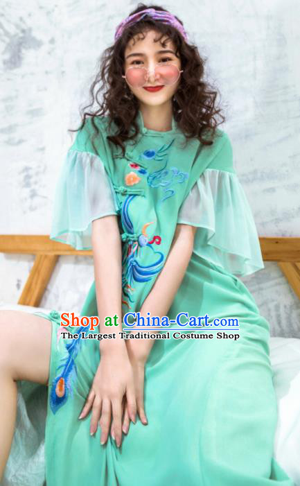 Chinese Traditional Embroidered Phoenix Peony Green Qipao Dress National Tang Suit Cheongsam Costumes for Women