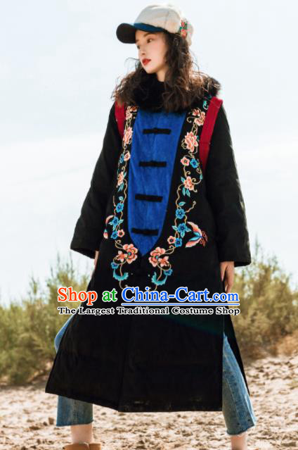 Chinese Traditional Winter Embroidered Black Cotton Padded Coat National Tang Suit Overcoat Costumes for Women