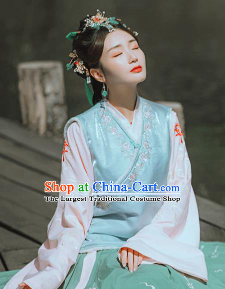 Chinese Traditional Embroidered Blue Vest National Upper Outer Garment Tang Suit Costume for Women