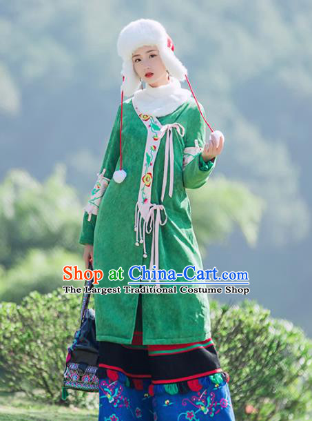 Chinese Traditional Winter Embroidered Green Corduroy Cotton Padded Coat National Tang Suit Overcoat Costumes for Women